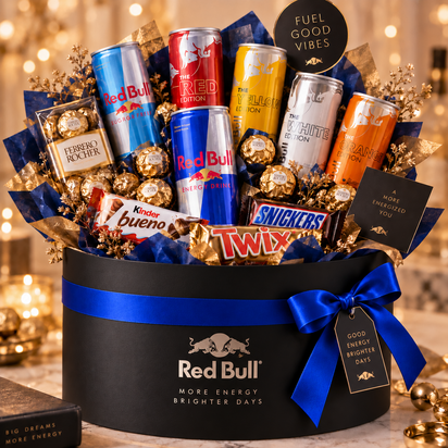 Luxe zwarte ronde Red Bull cadeaubox met verschillende Red Bull varianten, Ferrero Rocher en chocoladerepen, afgewerkt met koni