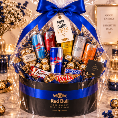 Luxe zwarte ronde Red Bull cadeaubox met verschillende Red Bull varianten, Ferrero Rocher en chocoladerepen, afgewerkt met koni