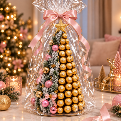 Luxe Ferrero Rocher kerstboom in roze en goud met gouden ster, besneeuwde takken en feestelijke kerstdecoratie.