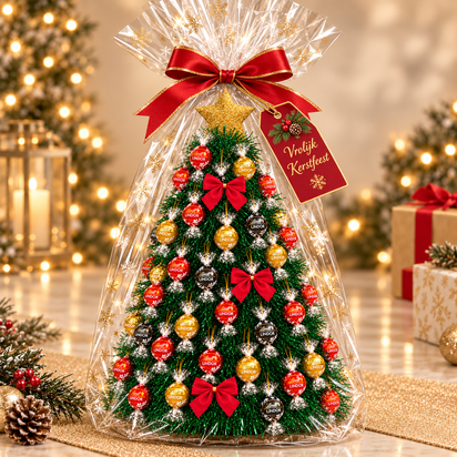 Lindt Lindor kerstboom met rode strikken, gouden ster en feestelijke kerstverpakking.