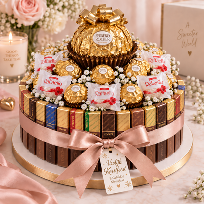 Luxe kerstsnoeptaart met Ferrero Rocher, Raffaello, Merci chocolade, roze strik en feestelijk kerstlabel.