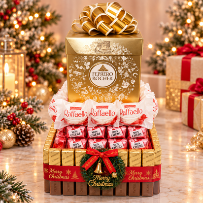 Luxe kerstsnoeptaart met Ferrero Rocher, Raffaello, Mon Ch&eacute;ri, gouden geschenkdoos en feestelijke kerstdecoratie.