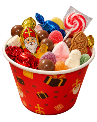 Grote gevulde Sinterklaaszak met 25 verrassingen, speelgoed, snoep en gepersonaliseerde Pietenbaret.