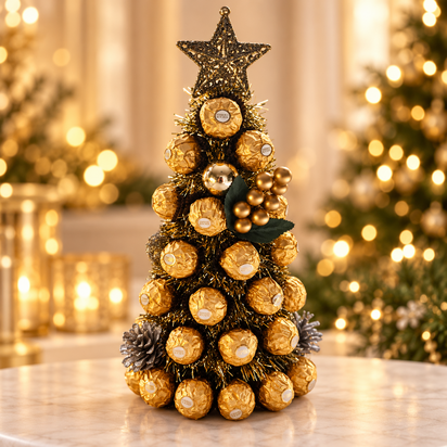 Luxe handgemaakte Ferrero Rocher kerstboom van ongeveer 36 cm hoog, opgebouwd met goudverpakte Ferrero Rocher chocolade en afge