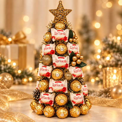 Handgemaakte chocolade kerstboom van ongeveer 36 cm hoog, gevuld met Ferrero Rocher en Raffaello en afgewerkt met goudkleurige 