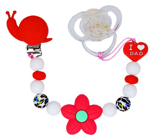 Rode tutkoord met siliconen bloem, slakclip en kleurrijke kralen, gemaakt met dubbel touw voor extra stevigheid.