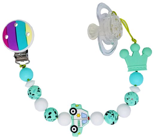 Mintgroen en wit siliconen speentouw met politieauto en kroontje, vervaardigd met dubbel touw voor extra stevigheid.