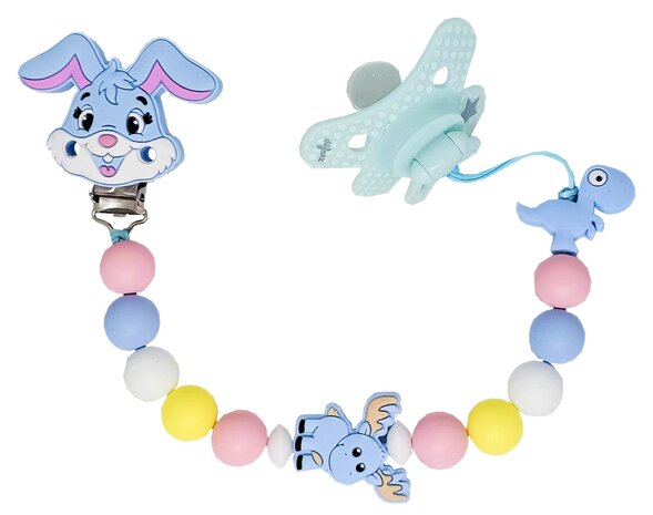Pastel siliconen speenkoord met schattig konijntje, diertje en kralen, gemaakt met dubbel touw voor extra stevigheid.