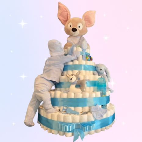 XXXL Pampertaart met 435 pampers & klimende baby en konijntje