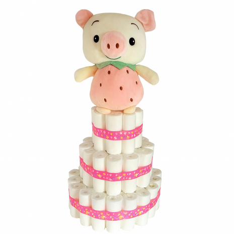 Pampertaart Varkentje – Handgemaakt Kraamcadeau – Luiertaart Meisje met Roze Lint