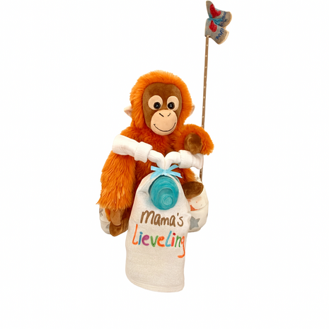 Luiertaart Motor met Knuffelaap – Uniek Geboortecadeau met Babyfles & Hydrofiel – “Mama’s Lieveling