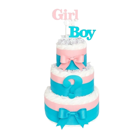 drie-laagse gender reveal luiertaart met roze-blauw lint, luxe strikken en “Girl or Boy” topper.rplaat.