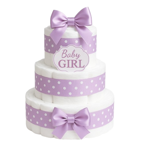 Drie-laagse witte luiertaart met lila satijnen strikken en lila polkadot linten, voorzien van een “Baby Girl” label. Elegan