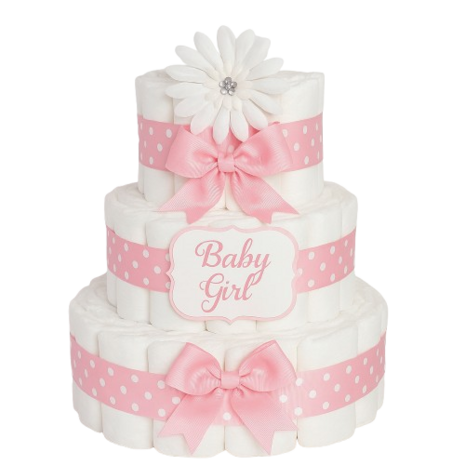 Drie-laagse witte luiertaart met zacht roze satijnen strikken, roze polkadot linten, “Baby Girl” label en een witte bloemto