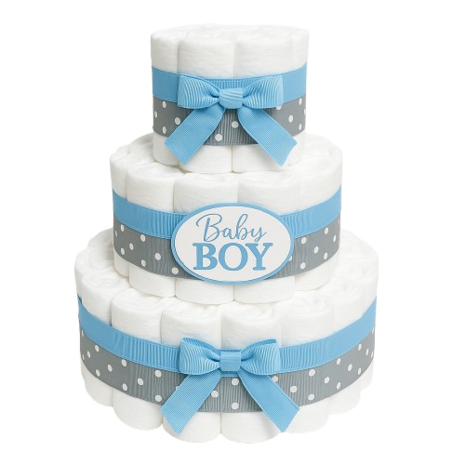Drie-laagse witte luiertaart met blauwe satijnen strikken, grijs polkadot lint en een “Baby Boy” label in het midden. Luxe 