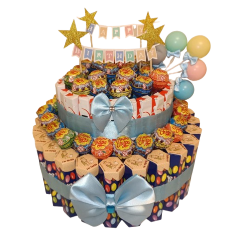 Luxe 2-laagse snoeptaart met Smarties en Kinder chocolade mini&rsquo;s + feest topper ��