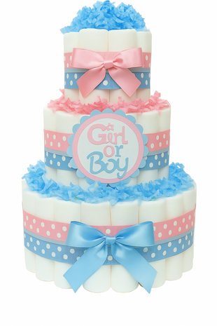 Deze prachtige Gender Reveal Luiertaart van Luxecadeaumanden is een stijlvolle blikvanger voor elke babyshower of gender reveal