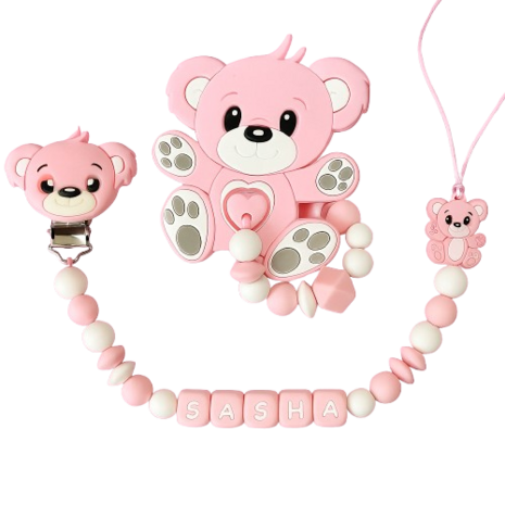 Siliconen tutkoord en bijtring set - roze beertje