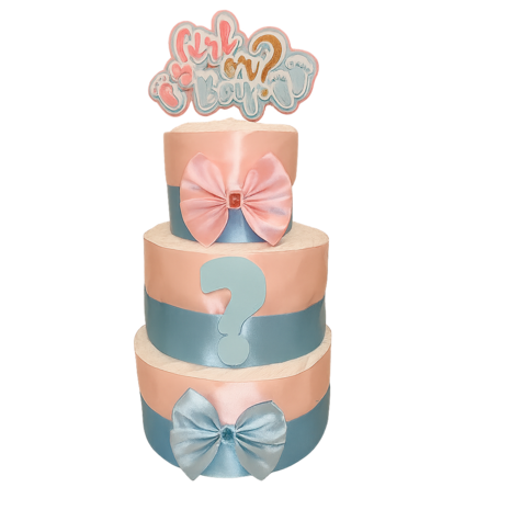 drie-laagse gender reveal luiertaart met roze-blauw lint, luxe strikken en “Girl or Boy” topper.rplaat.