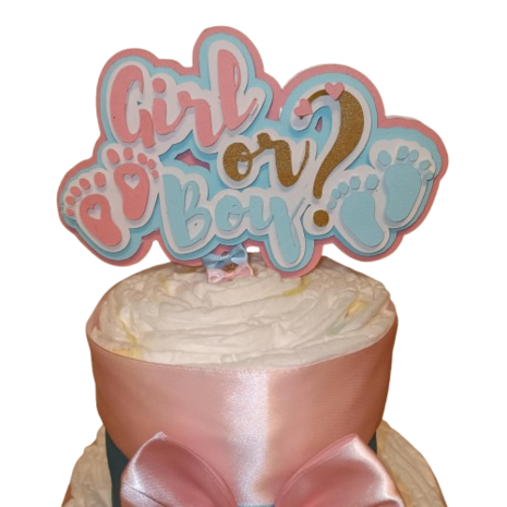 drie-laagse gender reveal luiertaart met roze-blauw lint, luxe strikken en “Girl or Boy” topper.rplaat.