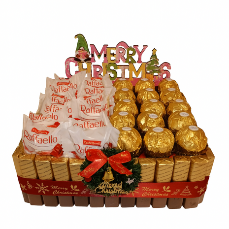 Luxe handgemaakte kerstcadeaumand van 22 cm met Merci chocolades, Raffaello, Ferrero Rocher en houten kerstversiering, afgewerk