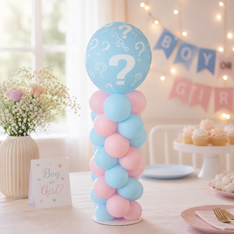 Gender reveal ballon tafelstuk van ongeveer 1 meter hoog met roze en blauwe ballonnen en een grote decoratieve topballon. Ideaa