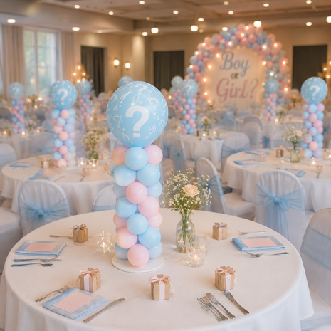Gender reveal ballon tafelstuk van ongeveer 1 meter hoog met roze en blauwe ballonnen en een grote decoratieve topballon. Ideaa