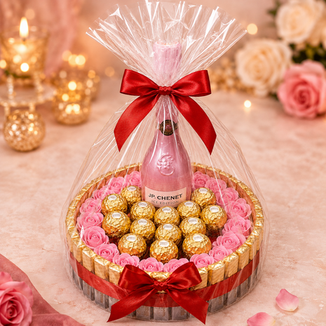 Luxe snoeptaart van ca. 20 cm met Ferrero Rocher, roze decoratieve rozen, goudkleurige chocolade en een flesje JP. Chenet, afge