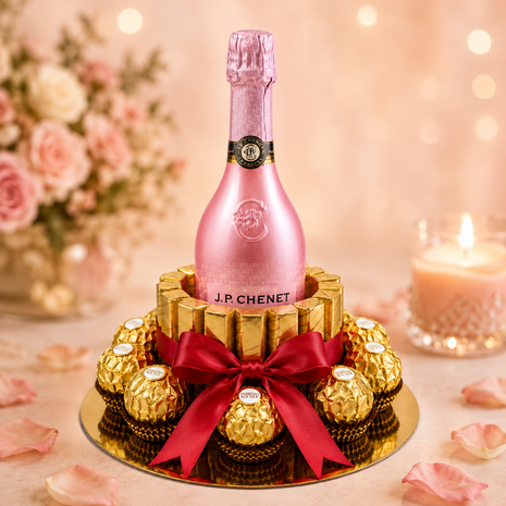 Luxe chocoladetaart met een roze fles J.P. Chenet, Ferrero Rocher en goudkleurige chocolade, afgewerkt met een grote rode satij