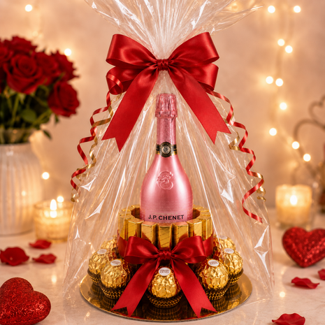 Luxe chocoladetaart met een roze fles J.P. Chenet, Ferrero Rocher en goudkleurige chocolade, afgewerkt met een grote rode satij