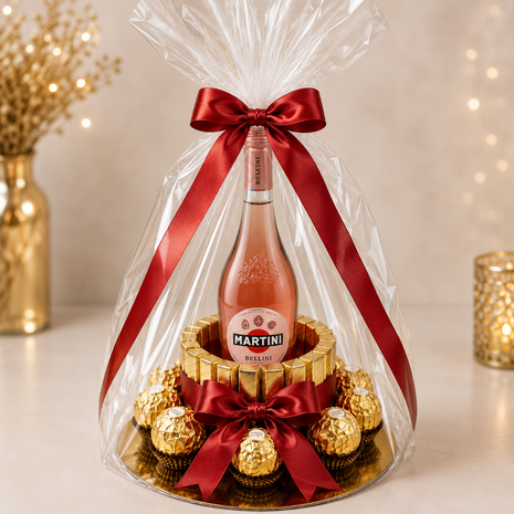 Luxe chocoladetaart met fles Martini Bellini, Ferrero Rocher en goudkleurige chocolade, afgewerkt met rode satijnen strikken en