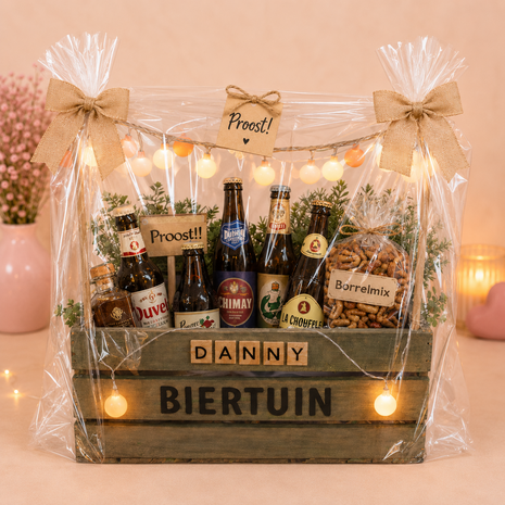 Biertuin &ndash; Handgemaakte Houten Bierkrat met Borrelmix met Verlichting