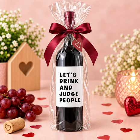 Wijnfles met grappig etiket &ldquo;Let&rsquo;s drink and judge people&rdquo;, verkrijgbaar met rode, witte of ros&eacute; wi