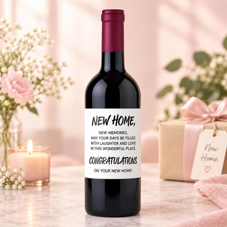 Wijnfles met etiket voor een nieuwe woning, verkrijgbaar met rode, witte of ros&eacute; wijn.