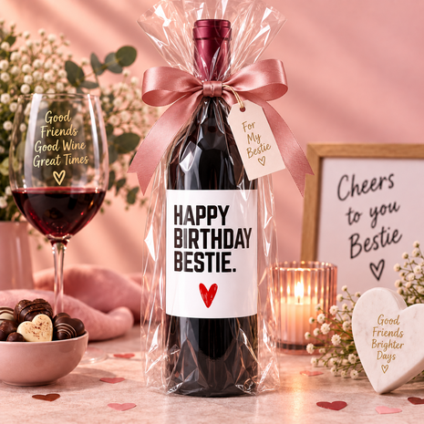 Wijnfles met de tekst Happy Birthday Bestie, verkrijgbaar met rode, witte of ros&eacute; wijn en feestelijk verpakt als verjaardagsca