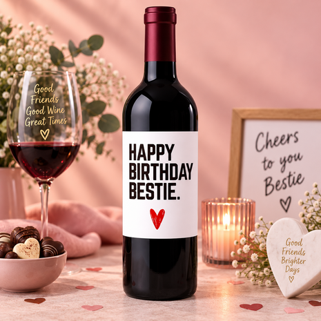 Wijnfles met de tekst Happy Birthday Bestie, verkrijgbaar met rode, witte of ros&eacute; wijn en feestelijk verpakt als verjaardagsca