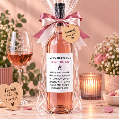 Wijnfles met de tekst Happy Birthday Dear Friend en grappige vriendschapstekst, verkrijgbaar met rode, witte of ros&eacute; wijn.