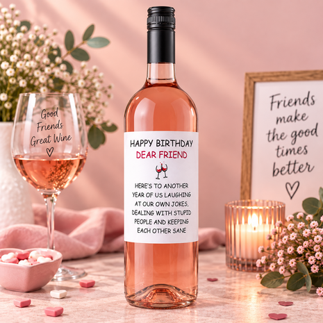 Wijnfles met de tekst Happy Birthday Dear Friend en grappige vriendschapstekst, verkrijgbaar met rode, witte of ros&eacute; wijn.