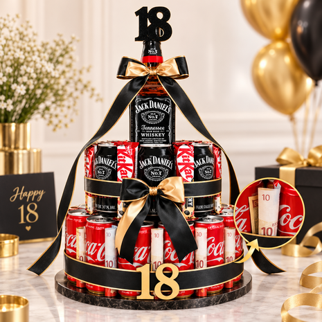 Luxe zwart-gouden cadeautaart met Jack Daniel&rsquo;s Tennessee Whiskey, Coca-Cola en KitKat, optioneel uit te breiden met leeftijd