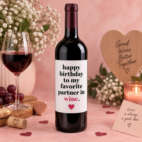 Stijlvolle wijnfles met witte verjaardagswikkel en de tekst &ldquo;Happy Birthday to my favorite partner in wine&rdquo;, gepresenteerd 