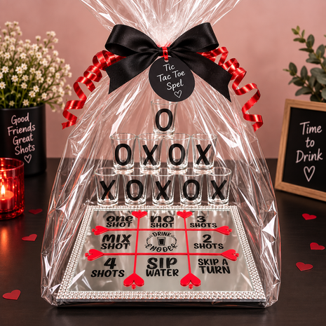 Handgemaakt Tic Tac Toe Spel met spiegelbord, rode speelverdeling, decoratieve steentjes en shotglaasjes met zwarte X- en O-opd