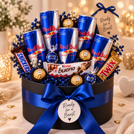 Luxe zwarte ronde cadeaubox met vijf blikjes Red Bull, chocolade en pralines, afgewerkt met blauwe decoratie, satijnen strik en