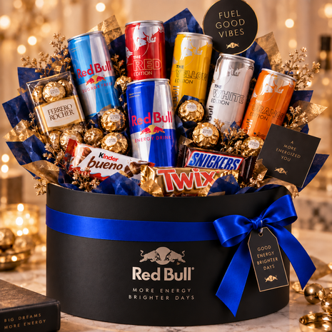 Luxe zwarte ronde Red Bull cadeaubox met verschillende Red Bull varianten, Ferrero Rocher en chocoladerepen, afgewerkt met koni