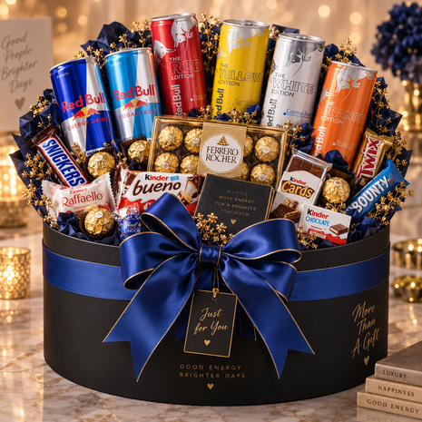 Luxe zwarte Red Bull cadeaumand gevuld met verschillende smaken Red Bull, Ferrero Rocher, Kinder, Lindt, Snickers, Twix en Boun