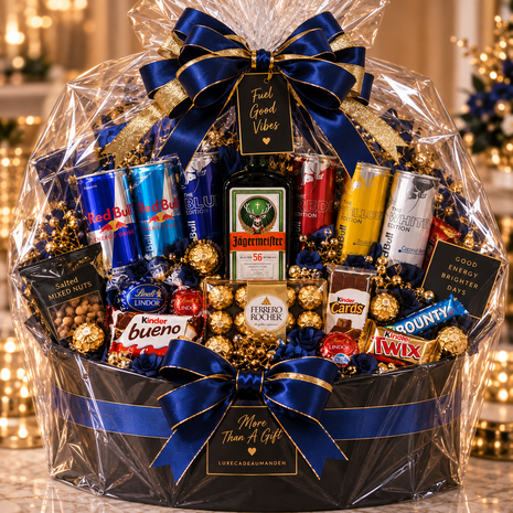 Luxe zwarte cadeaumand met Jägermeister, verschillende smaken Red Bull, Ferrero Rocher, Lindt, Kinder en andere choc