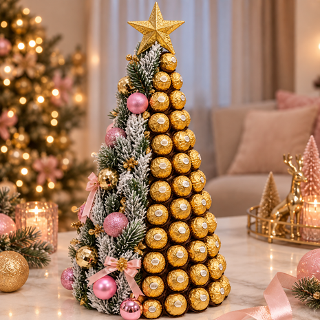 Luxe Ferrero Rocher kerstboom in roze en goud met gouden ster, besneeuwde takken en feestelijke kerstdecoratie.