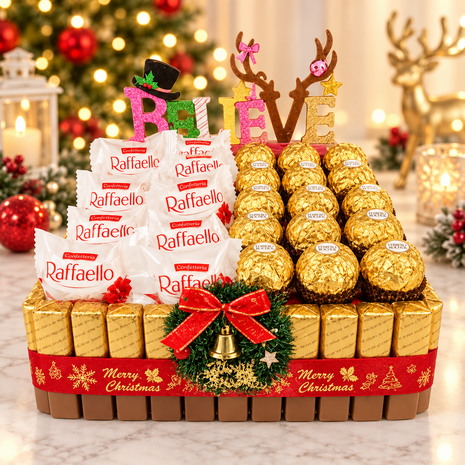 Luxe kerstsnoeptaart met Ferrero Rocher, Raffaello en feestelijke Merry Christmas-decoratie.