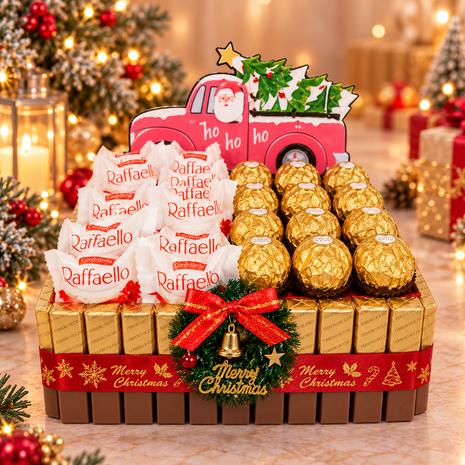 Luxe kerstsnoeptaart met Ferrero Rocher, Raffaello en feestelijke Merry Christmas-decoratie.