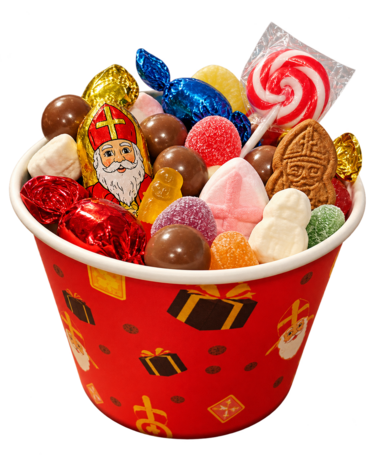 Grote gevulde Sinterklaaszak met 25 verrassingen, speelgoed, snoep en gepersonaliseerde Pietenbaret.