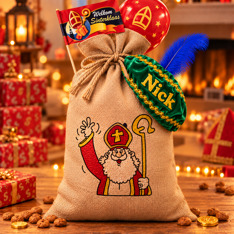 Grote gevulde Sinterklaaszak met 25 verrassingen, speelgoed, snoep en gepersonaliseerde Pietenbaret.